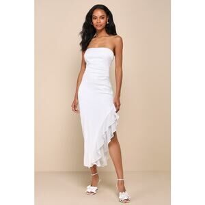 NWT Lulus Graceful Perfection White Satin Ruffled Strapless Midi Dress Banquet S
